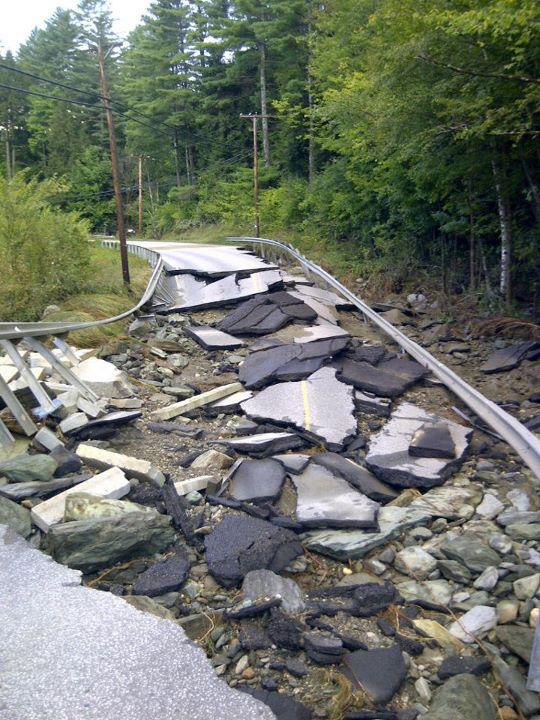 Damage to Route 100 in Moretown from Tropical Storm Irene